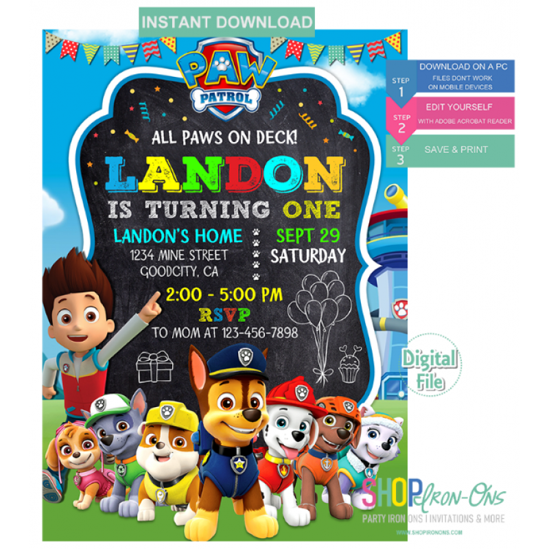 Paw patrol birthday invitation personalized instant download