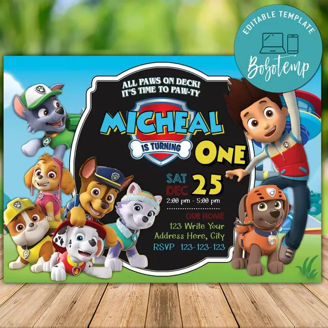 Printable paw patrol st birthday invitations instant download