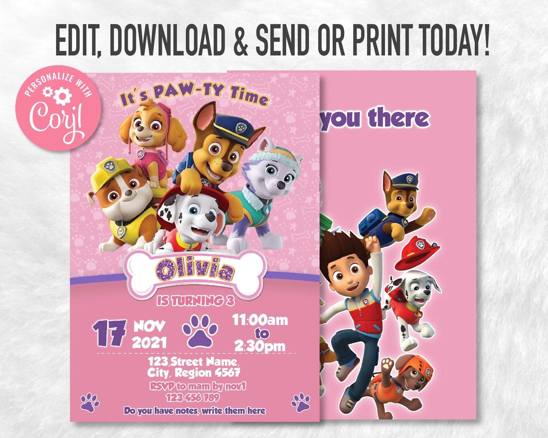 Paw patrol birthday invitation template paw patrol birthday theme girl birthday invitation â