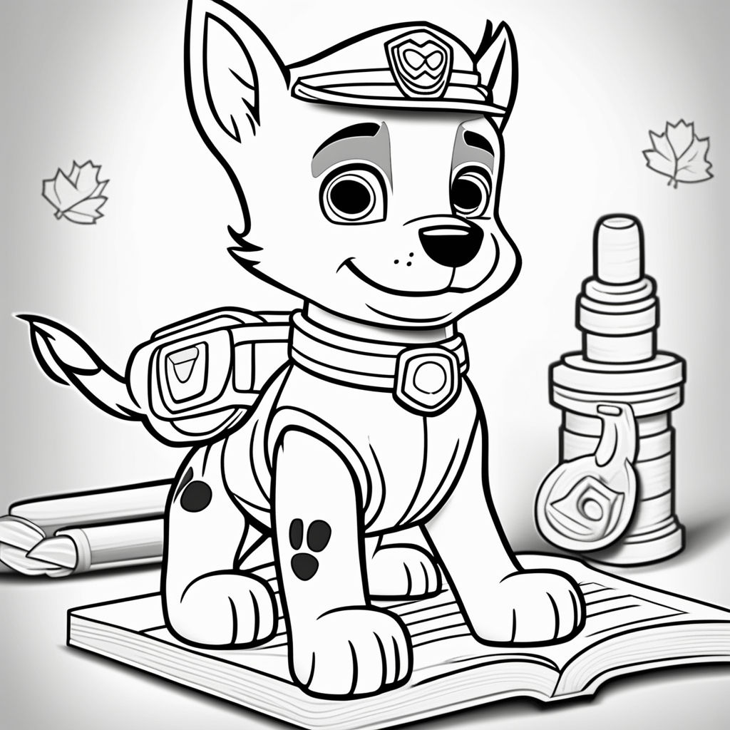 Coloring book page of chase paw patrol white and black