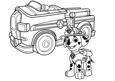 Paw patrol marshall with fire truck coloring page free printable coloring pages