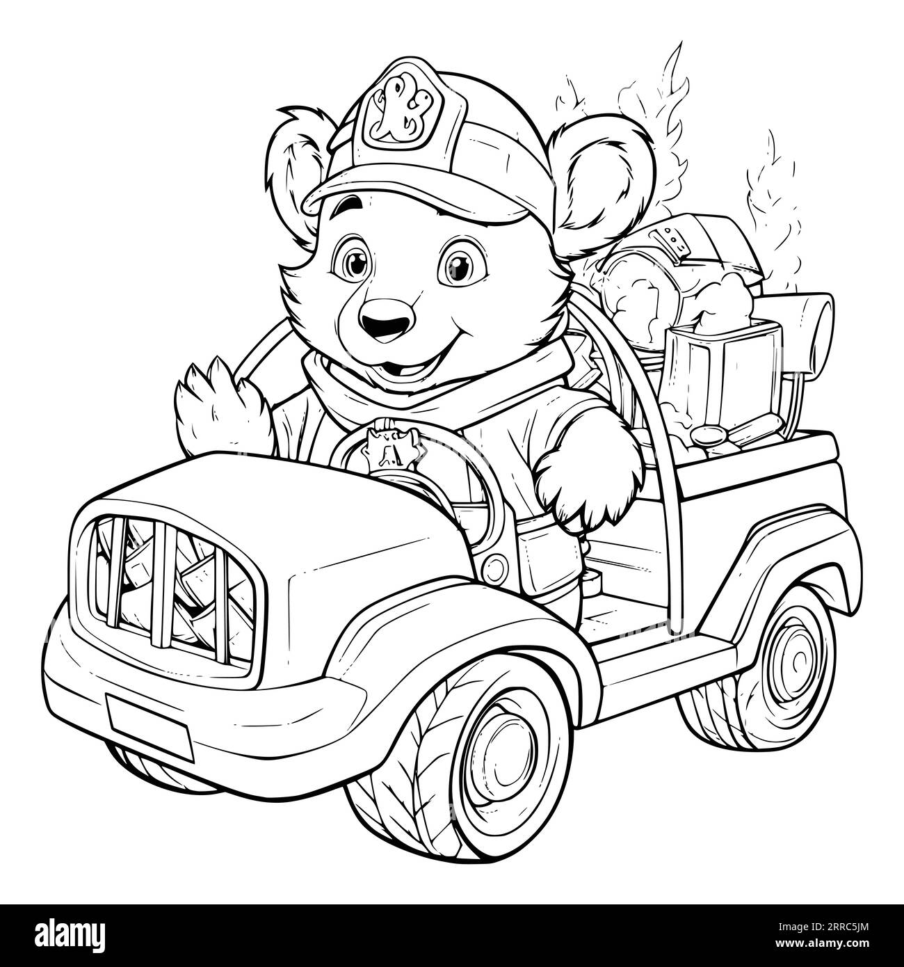 Bear driving firetruck coloring page for kids stock vector image art