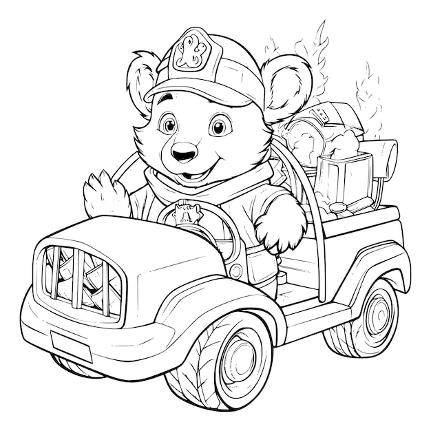 Premium vector bear driving firetruck coloring page for kids