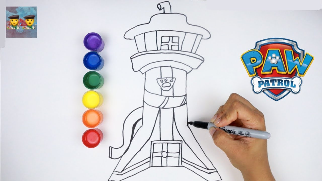 Draw and paint paw patrol look out tower learning video for kids
