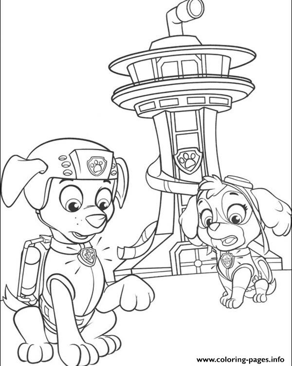 Paw patrol skye and zuma behind a tower coloring page printable