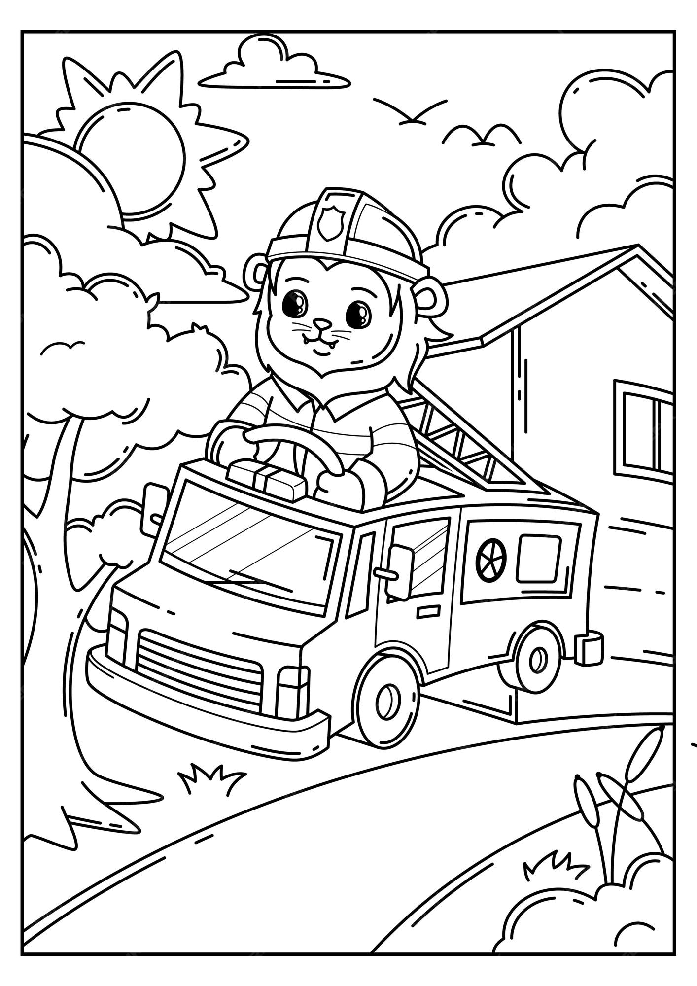 Premium vector handdrawn doodle coloring book cute lion being a firefighter driving a fire truck
