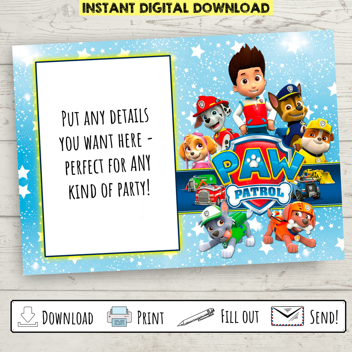 Printable paw patrol invitation template â bright color mom