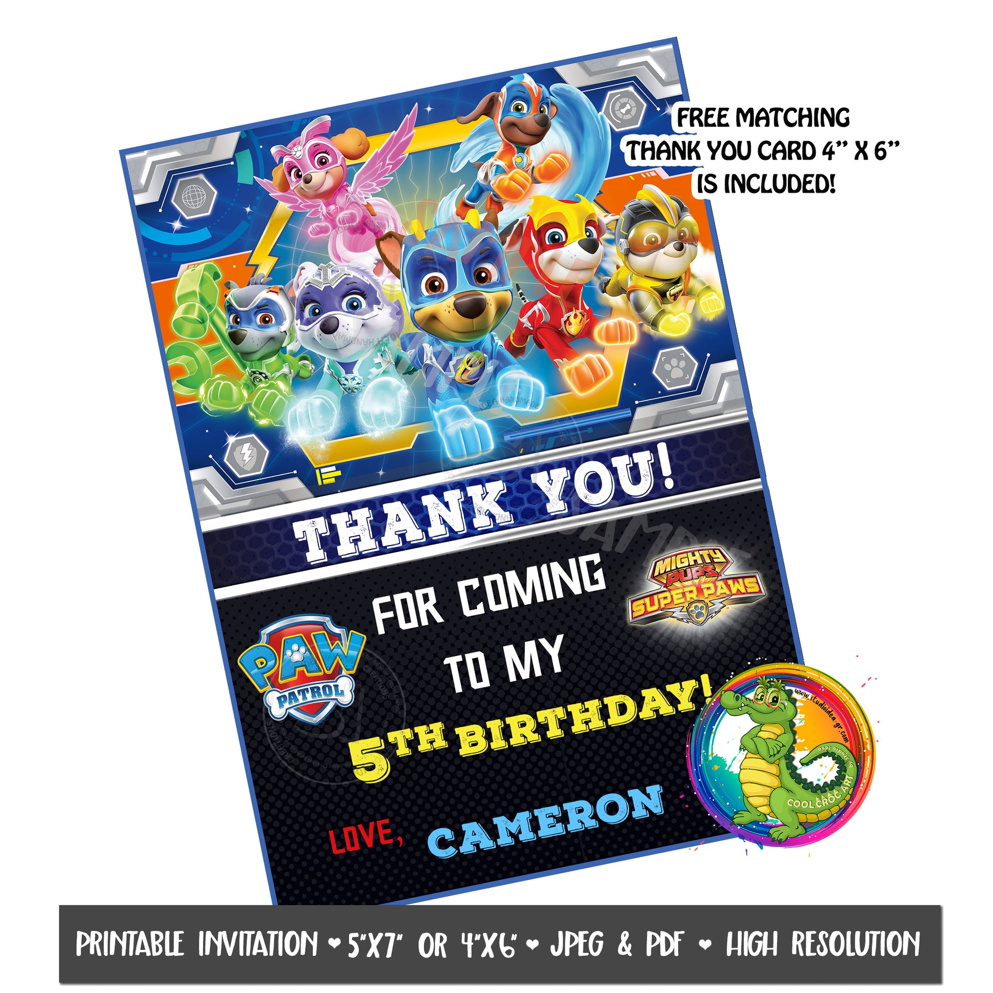 Paw patrol custom party printable invitation with free thank you card