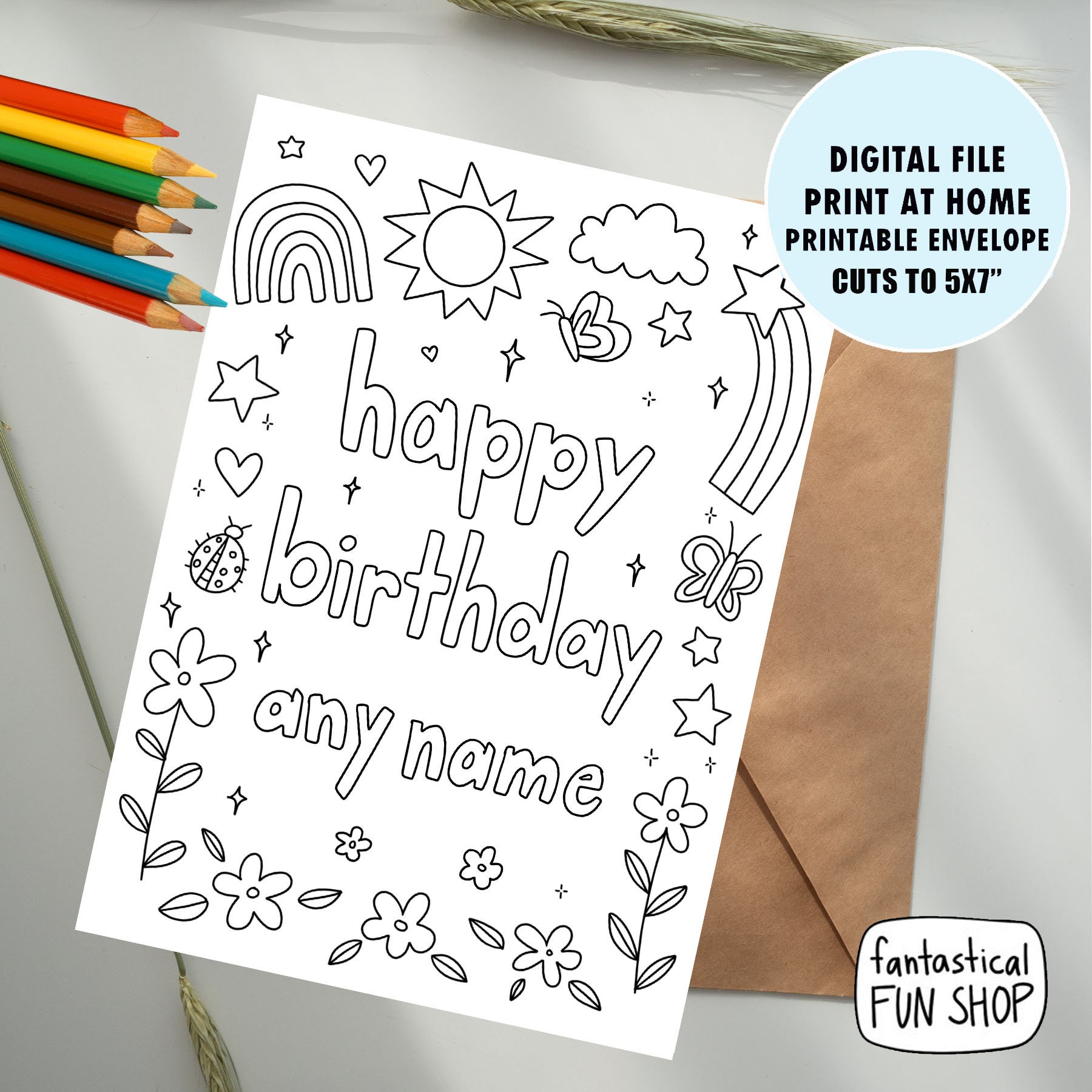 Kids colorable birthday card from child girl birthday card from kid printable little girl card coloring card instant download x