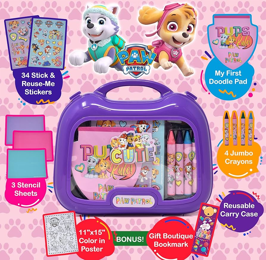 Paw patrol coloring and activity carry case includes jumbo crayons stickers mess free crafts doodle pad gift boutique bookmark reuse me stickers for girls toddlers and kids toys games