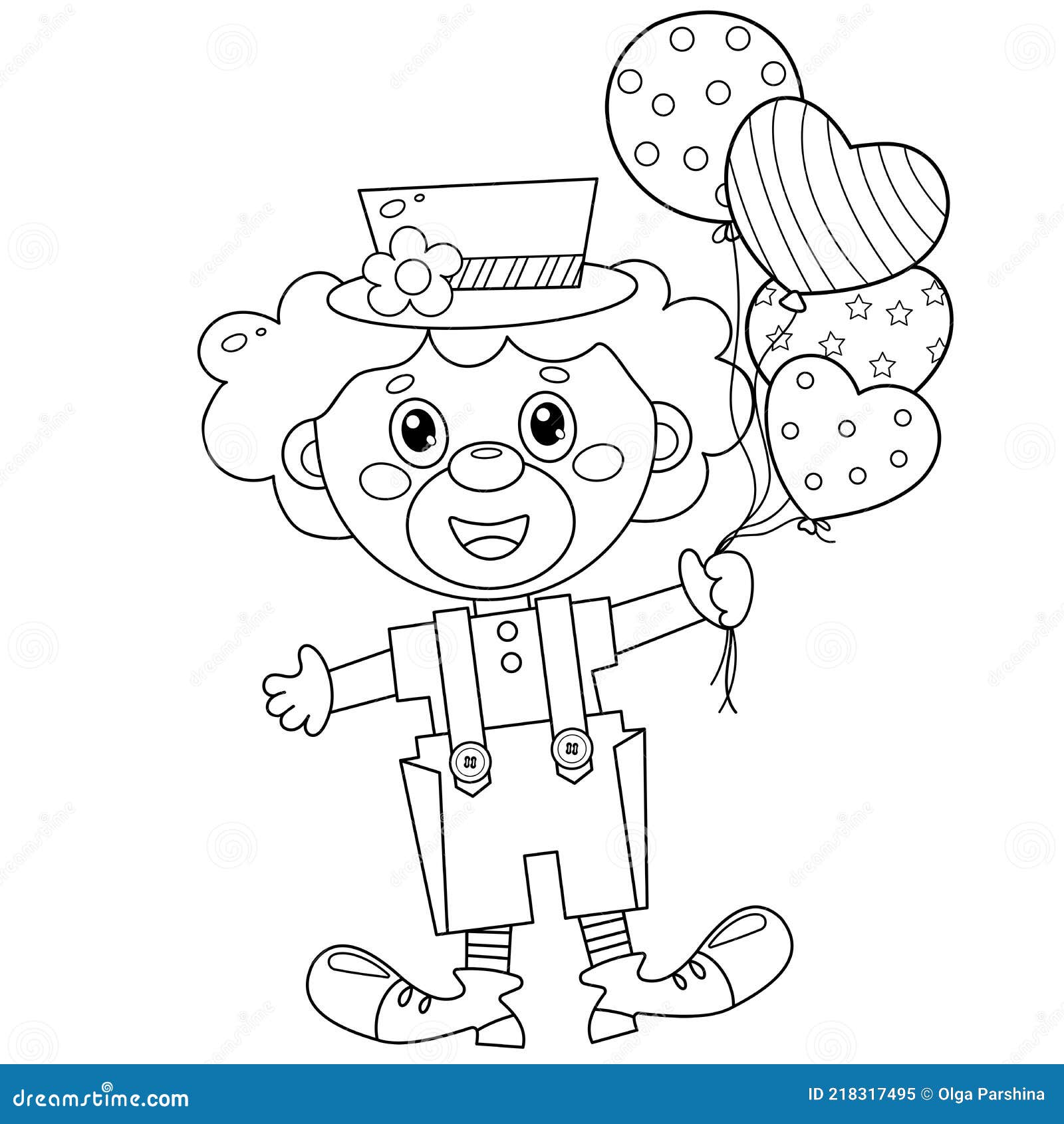 Coloring page outline of cartoon circus clown with balloons and gifts birthday stock vector