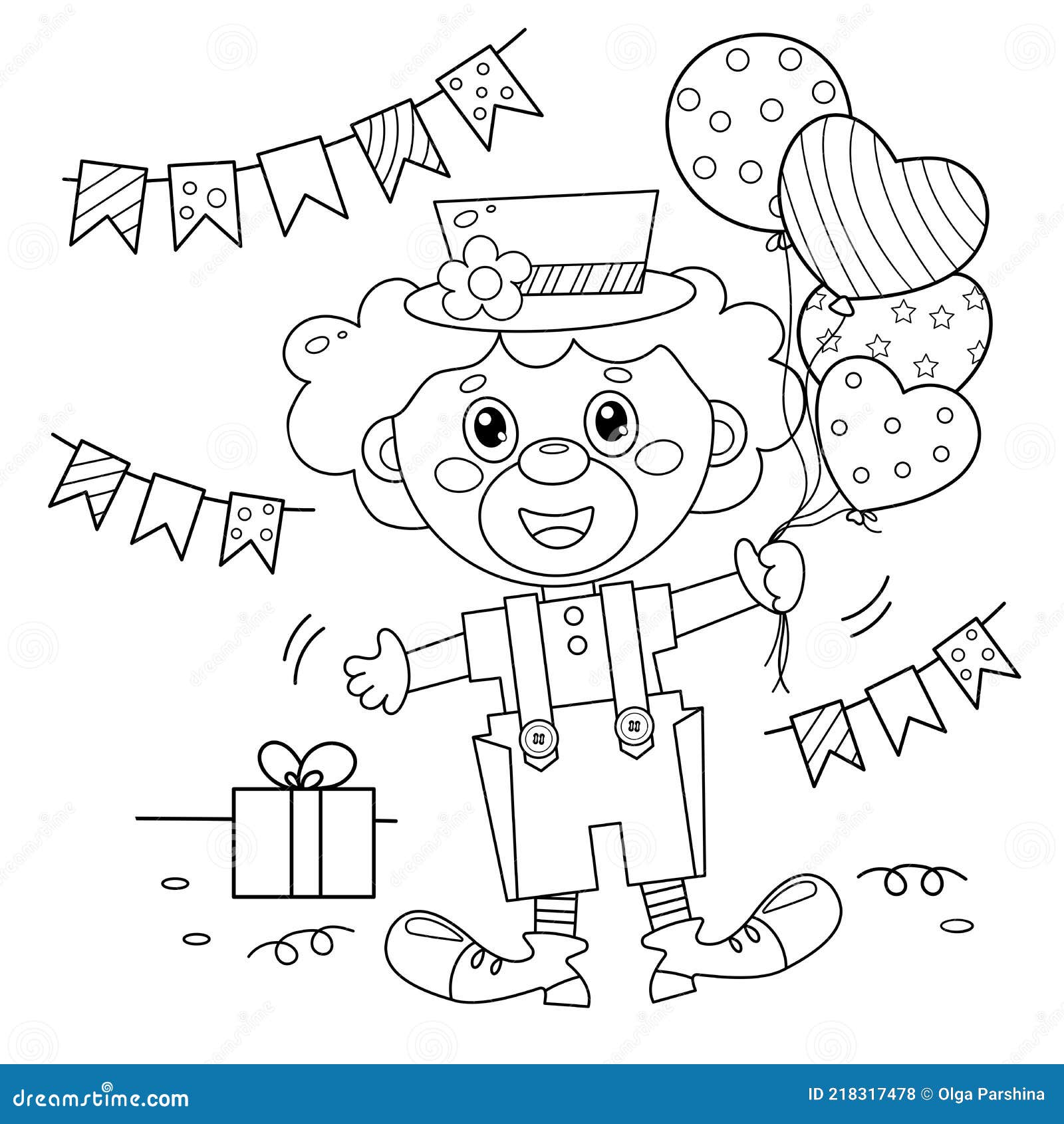 Coloring page outline of cartoon circus clown with balloons and gifts birthday stock vector