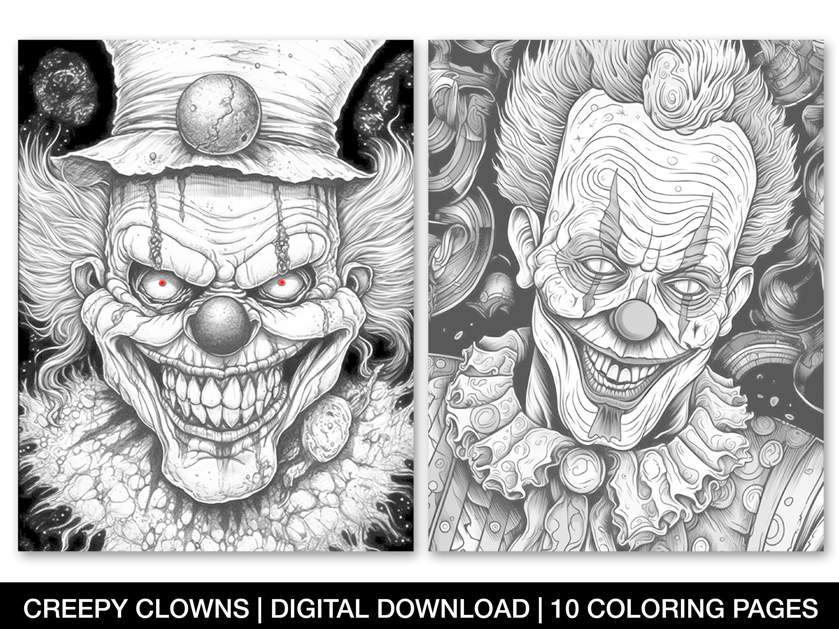 Creepy clowns coloring pages for adults printable psychedelic clowns psycho grayscale evil clowns coloring sheets instant download instant download