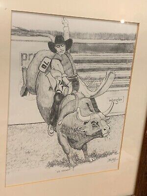 Rodeo bull rider pencil drawing original art framed livtock ranch cowboy