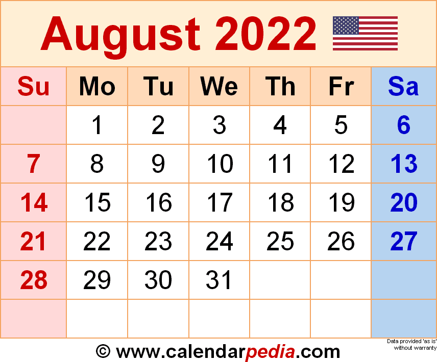 August calendar templates for word excel and pdf