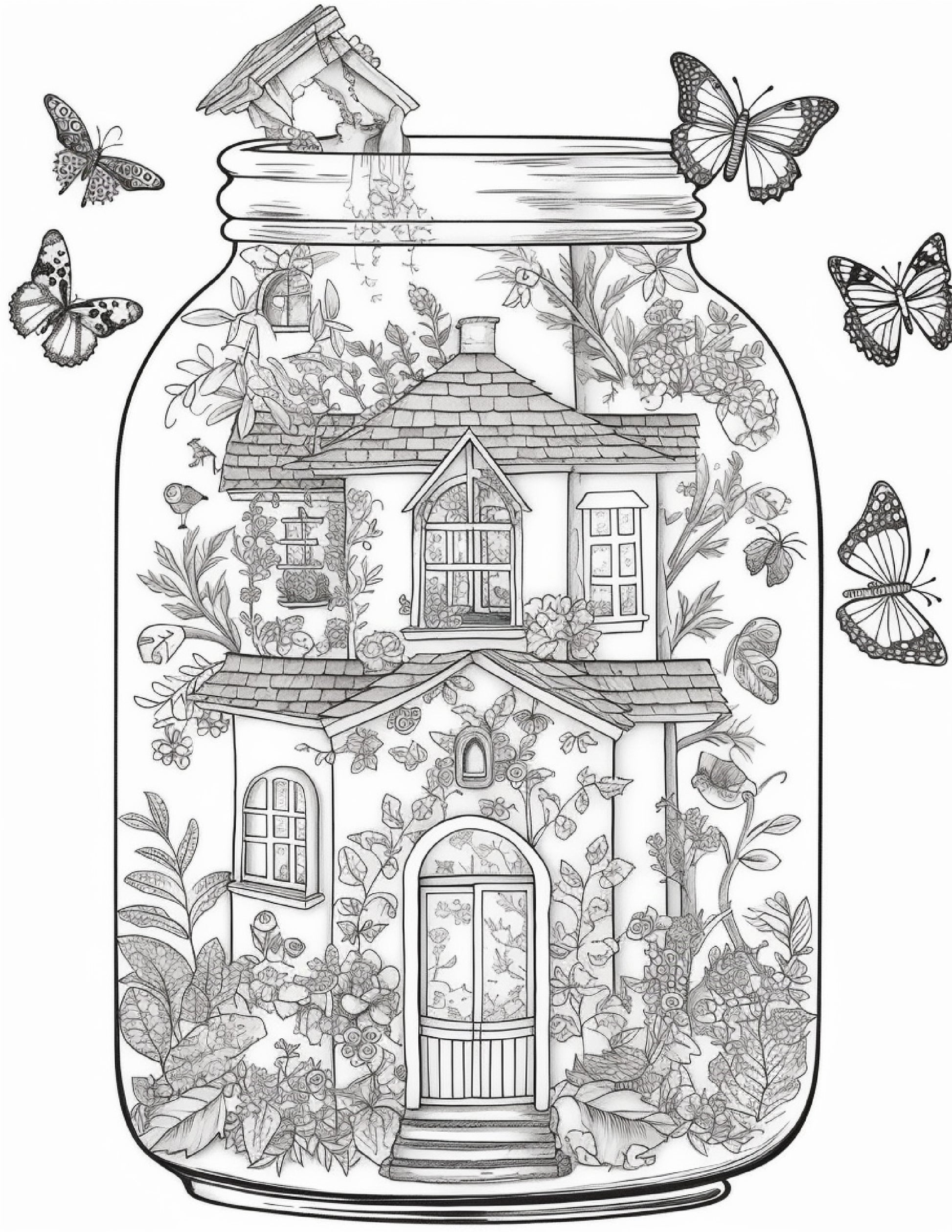 Printable fairy houses in jar coloring pages for adults grayscale â coloring