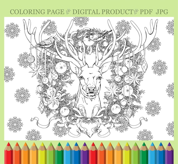 Christmas coloring page with deer pdf printable coloring page adult coloring page digital download