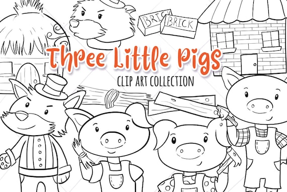 Three little pigs fairy tale black and white illustrations fairy tale coloring pages three pigs digital stamps