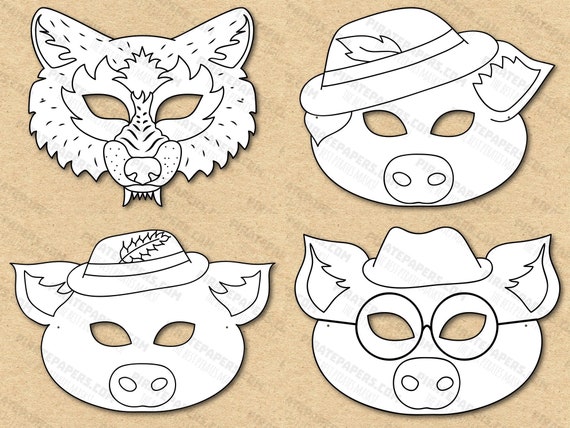 The three little pigs masks printable coloring big bad wolf paper diy for kids and adults pdf template instant download halloween