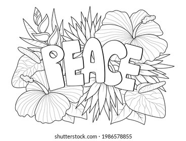 Peace word floral pattern antistress coloring stock vector royalty free