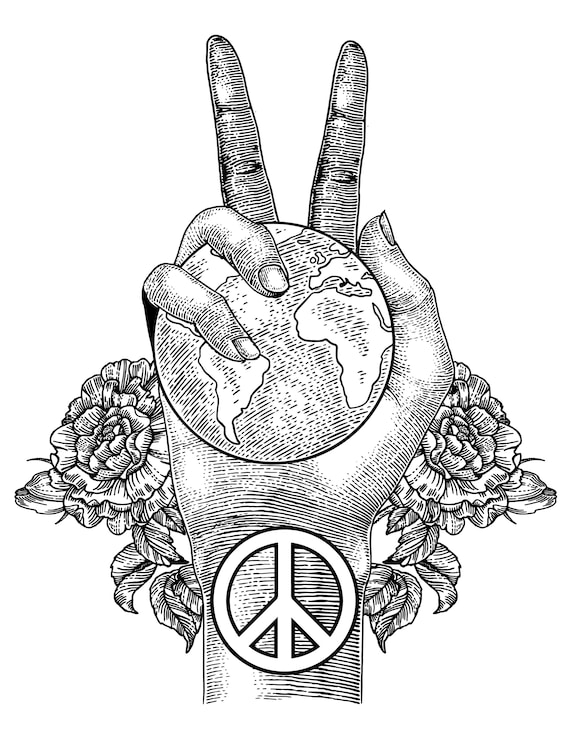 World peace printable peace hand sign digital download peace on earth instant pdf earth day coloring page