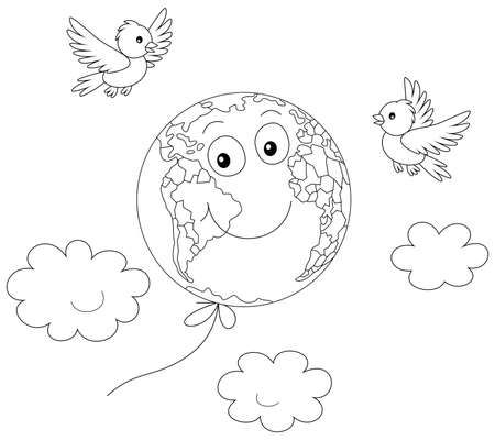 Day of peace a funny globe friendly smiling and flying among clouds like a balloon with merry small birds black and white outline vector cartoon illustration for a coloring book page ù ùùø