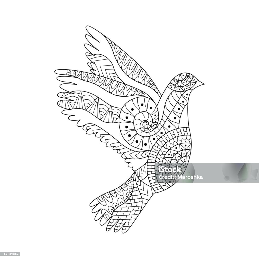 Hand drawn flying dove for adult anti stress colouring page stock illustration