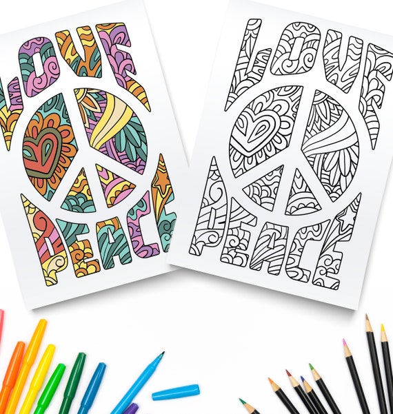 Love peace printable coloring page coloring page pdf hippie coloring book