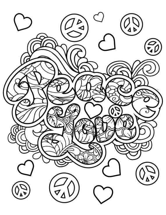 Peace love printable coloring pages digital download hippie coloring book