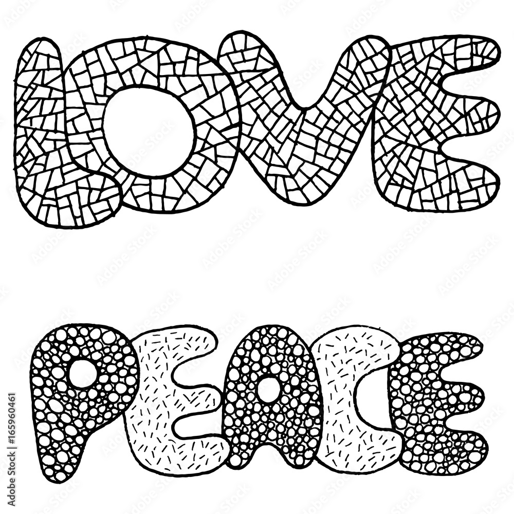 Coloring page with love and peace word vector