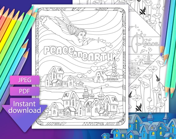 Peace coloring page coloring sheets peace on earth lineart magical angel digital pdf jpg adult coloring pages printable earth angel art