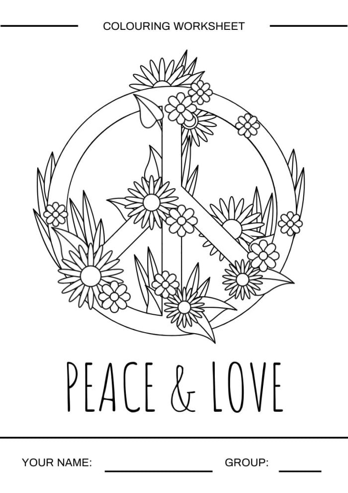 Edit this floral peace love sign coloring worksheet layout online