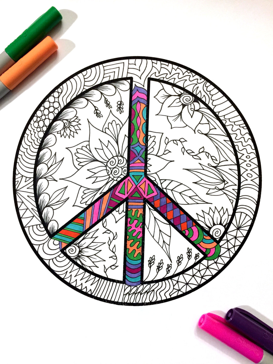 Peace sign â pdf zentangle coloring page â scribble stitch