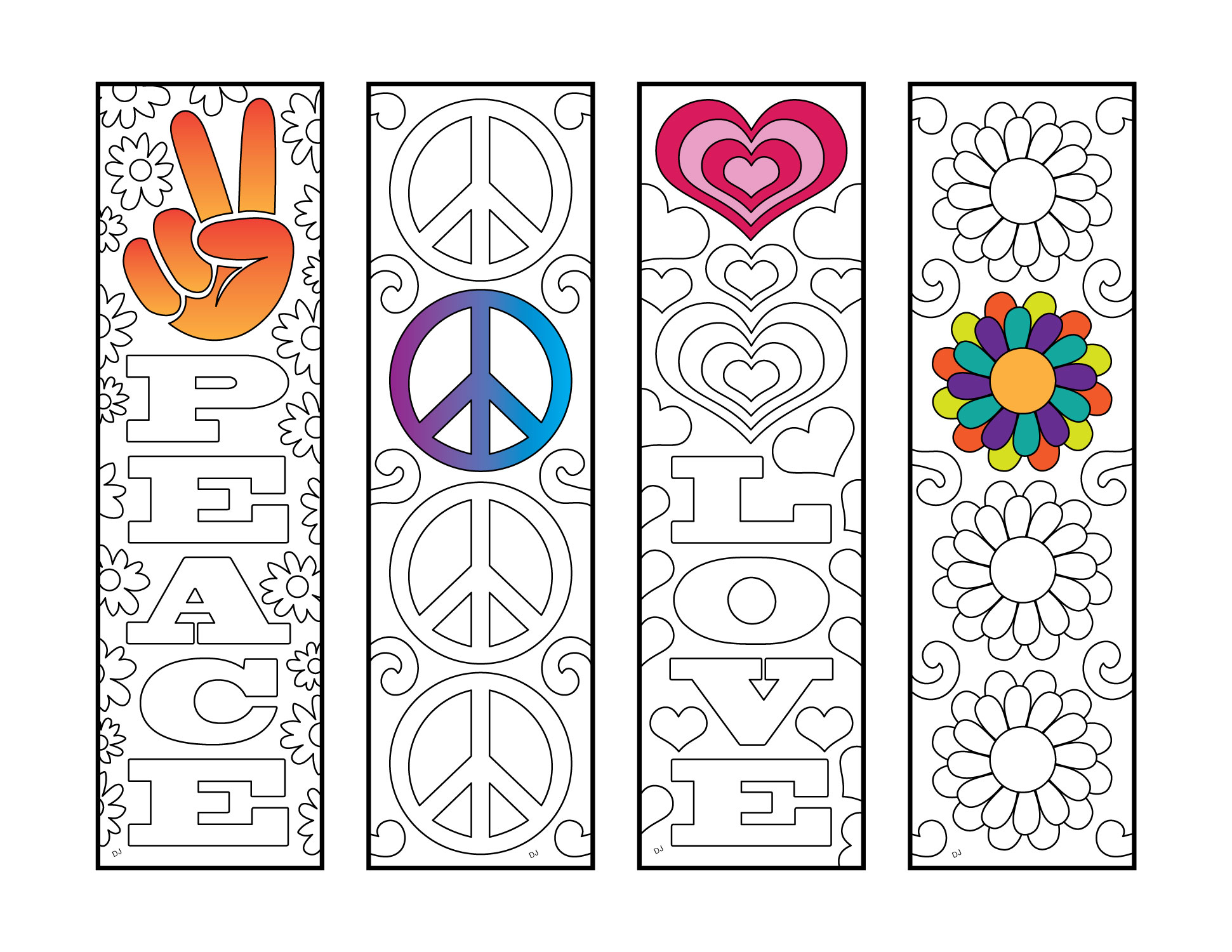 Hippie bookmarks â peace and love â pdf zentangle coloring page â scribble stitch