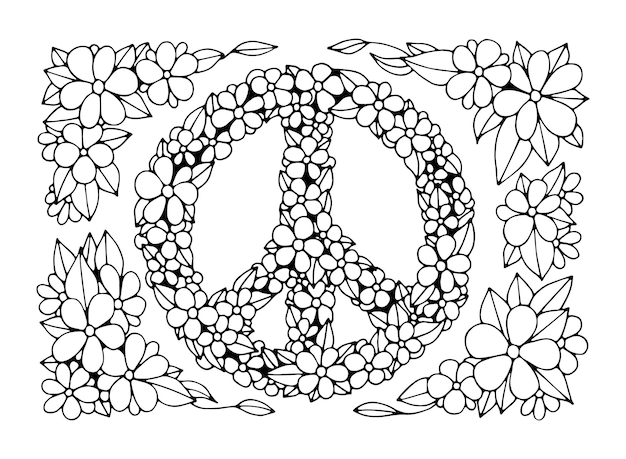 Premium vector coloring page peace blooming flowers symbols of peace hand drawn line art illustration pacifist sign