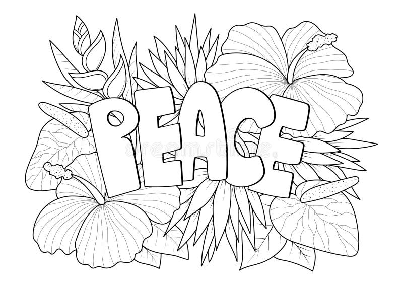 Peace word with floral pattern antistress coloring page for adult in doodle sketch style isolated vector illustration stock vector