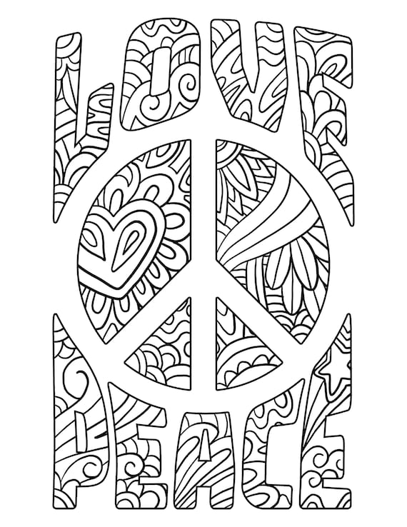 Love peace printable coloring page coloring page pdf hippie coloring book