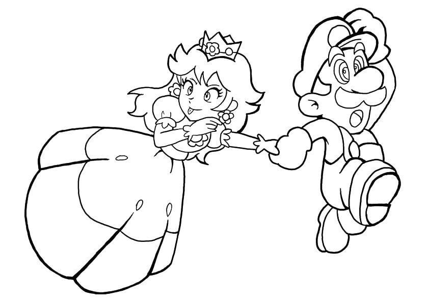 Princess peach and mario running coloring page