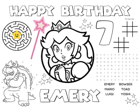 Princess peach super mario party coloring activity sheet placemat kids birthday party