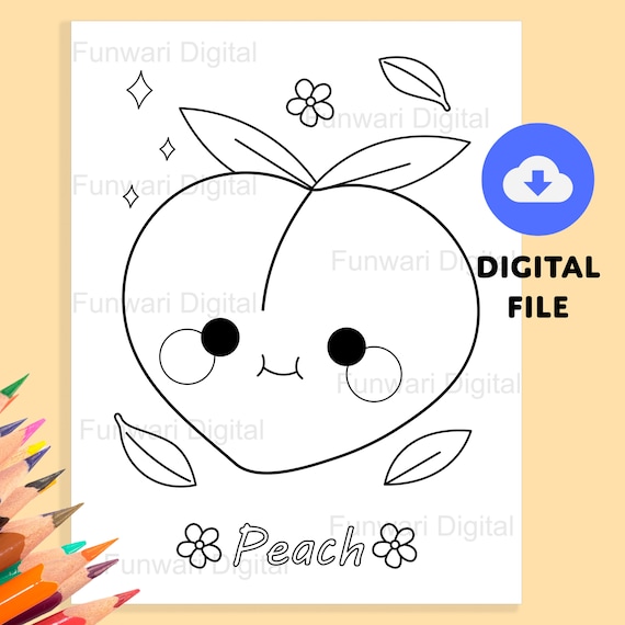 Cute peach coloring page for kids printable kawaii drawing fruit coloring worksheet sheets cute digital instant download home schooling