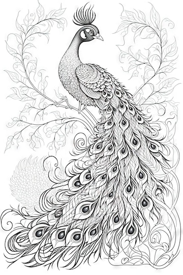 Premium photo sketch of peacock peacock coloring book for adults