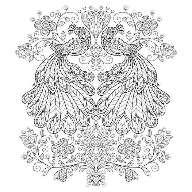 Premium vector peacock and heart hand drawn sketch illustration for adult coloring book