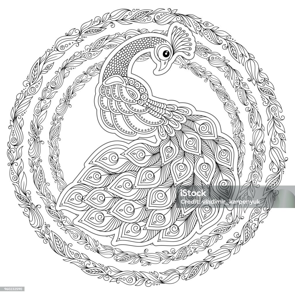 Peacock in zen style adult antistress coloring page stock illustration