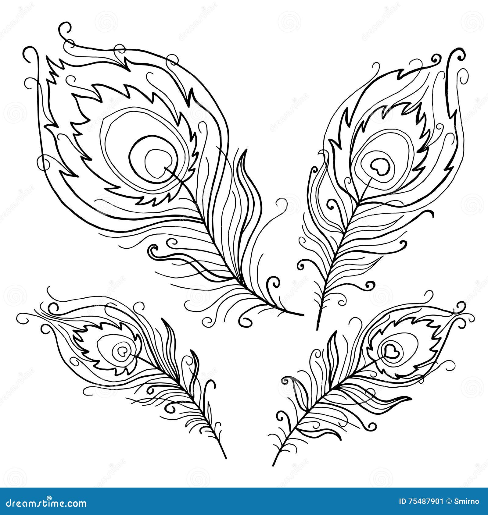 Collection of abstract peacock feathers for coloring book stock vector