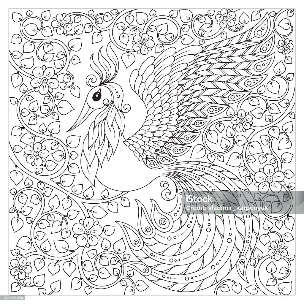 Peacock adult antistress coloring page stock illustration