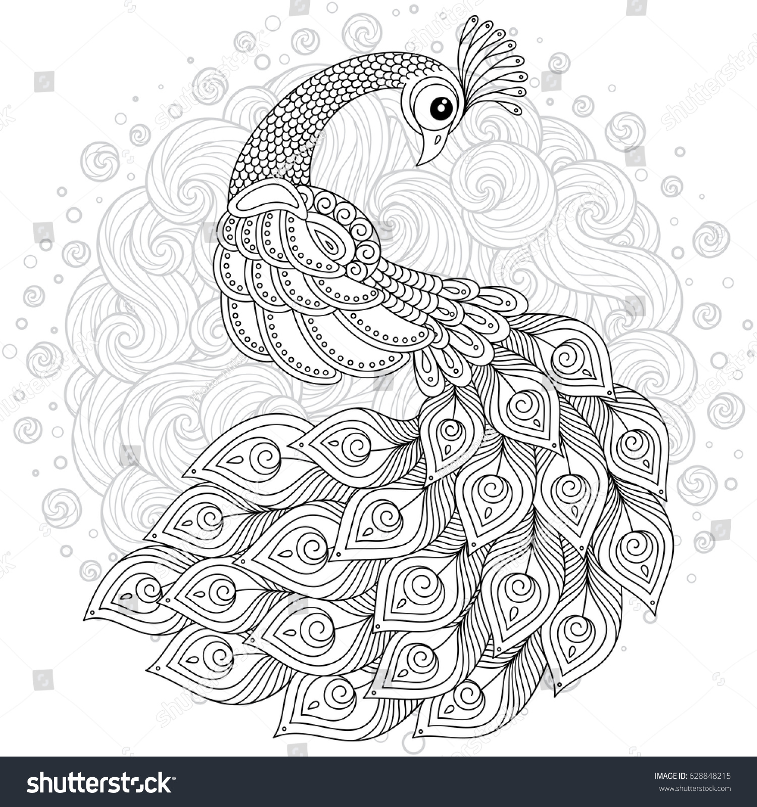 Hand drawing artistic peacock adult coloring stock vector royalty free