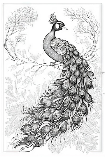 Premium photo peacock style coloring book for adults image generative ai