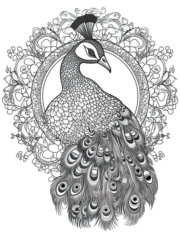 Peacock head black white outline for coloring book page ai generative coloring card stock illustration