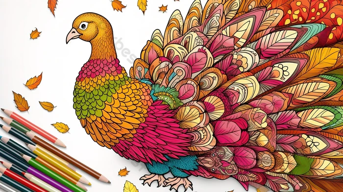 Peacock colors an adult coloring page with a backgrounds psd free download