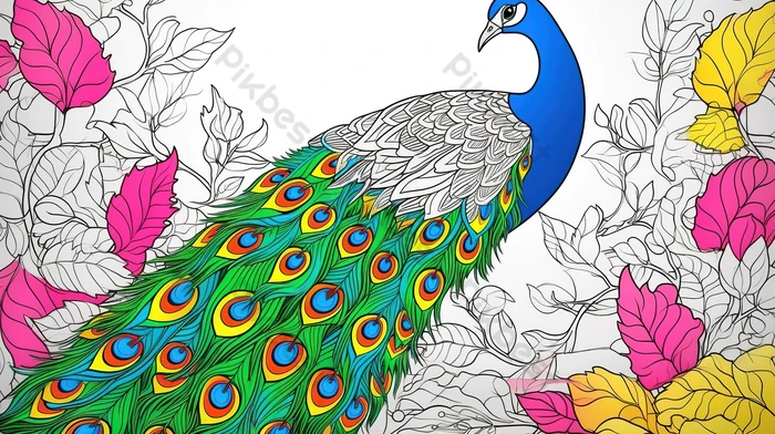 Peacock colors an adult coloring book with leaves backgrounds jpg free download